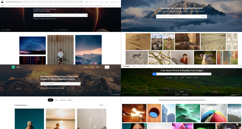 Unsplash, Pexels, Pixabay, And FreeImages Home Page